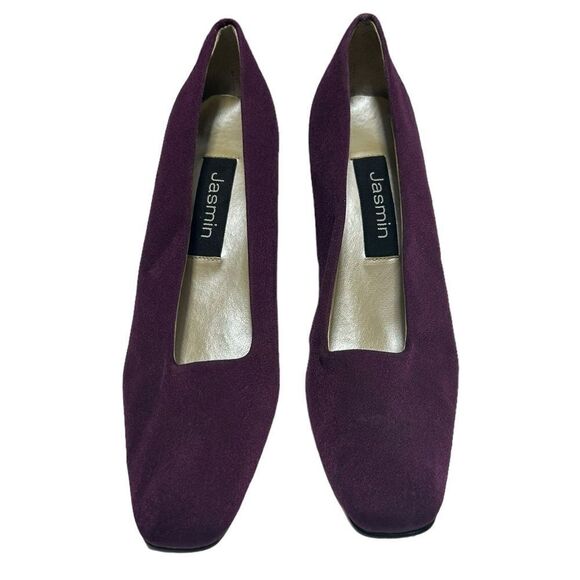 1980’s Vintage Jasmin Dark Purple Block Heels Closed Square Toe Leather Sole - Picture 2 of 11